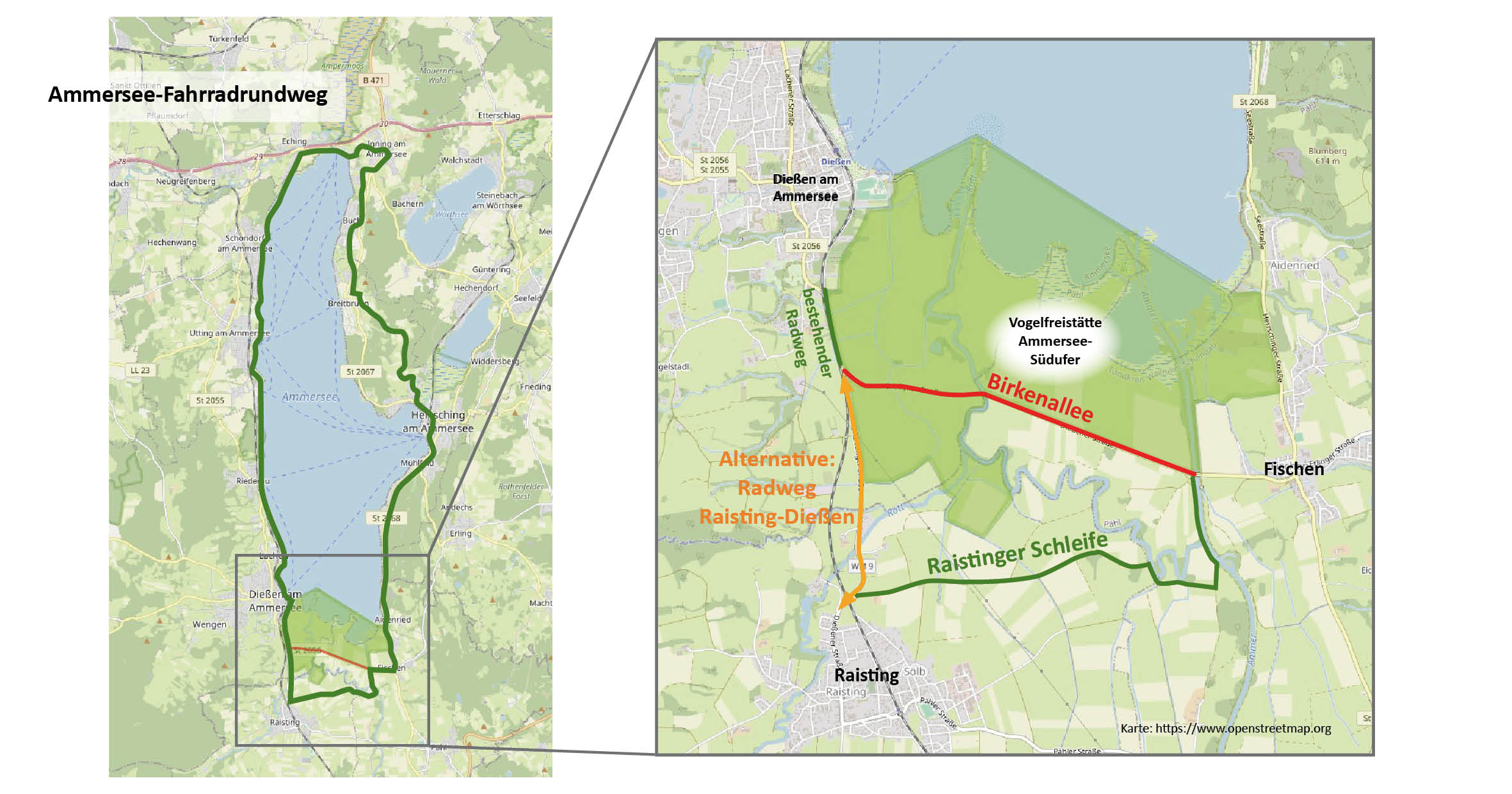 Karte des Ammersee-Radrundwegs und der Vogelfreistätte Ammersee-Südufer mit Birkenallee